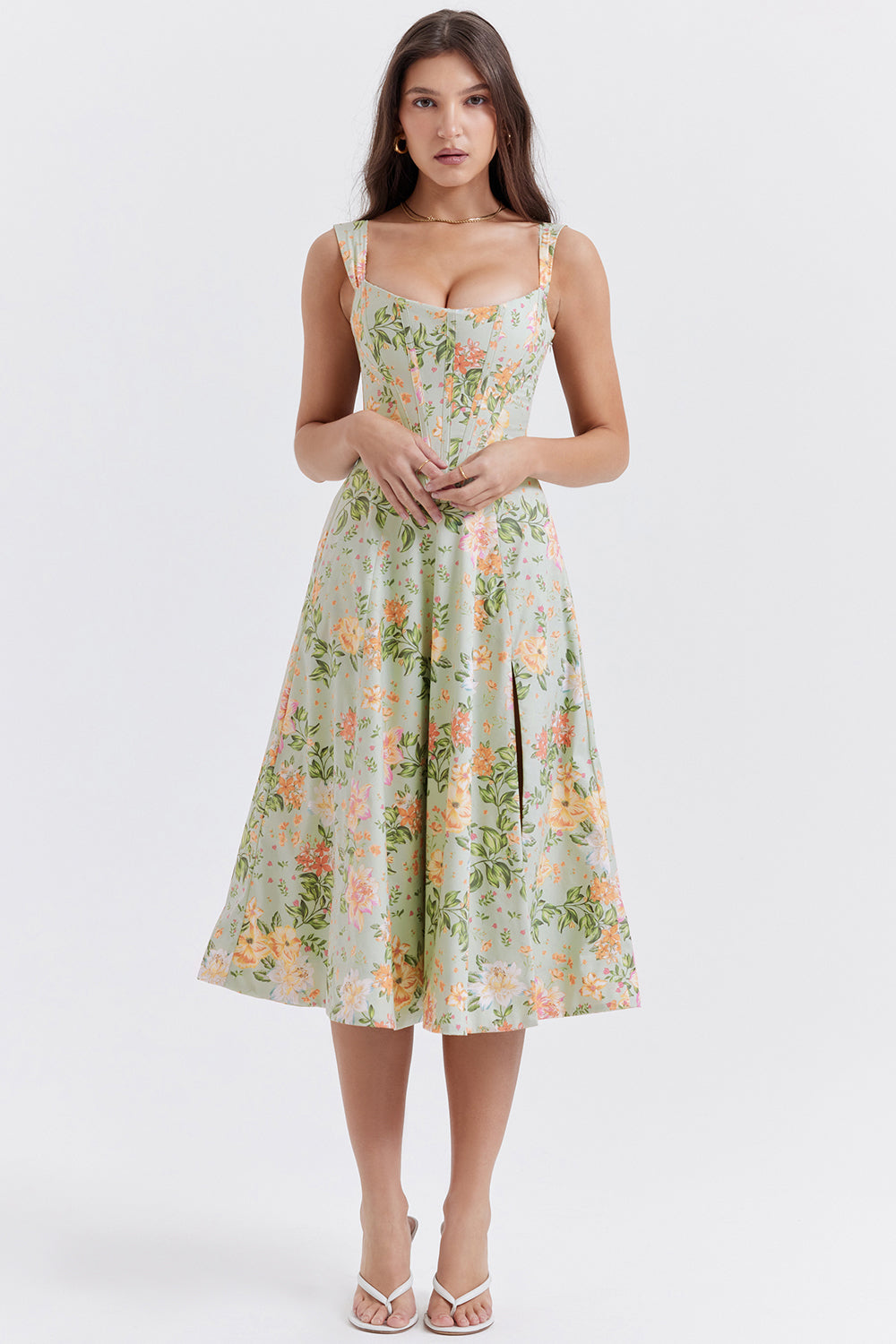 Nicole - Geblümter Schulterriemen Sweetheart Midikleid