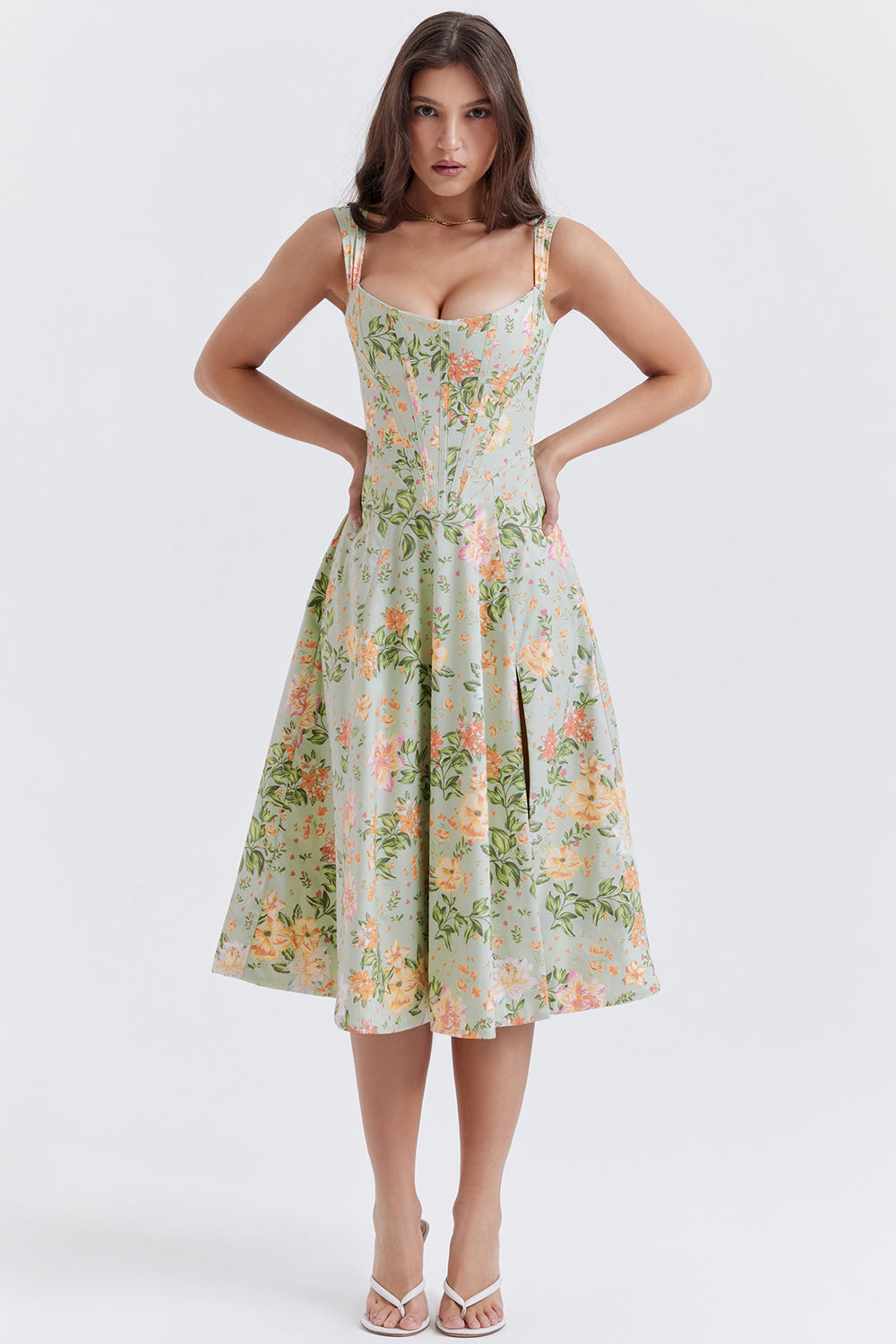 Nicole - Geblümter Schulterriemen Sweetheart Midikleid