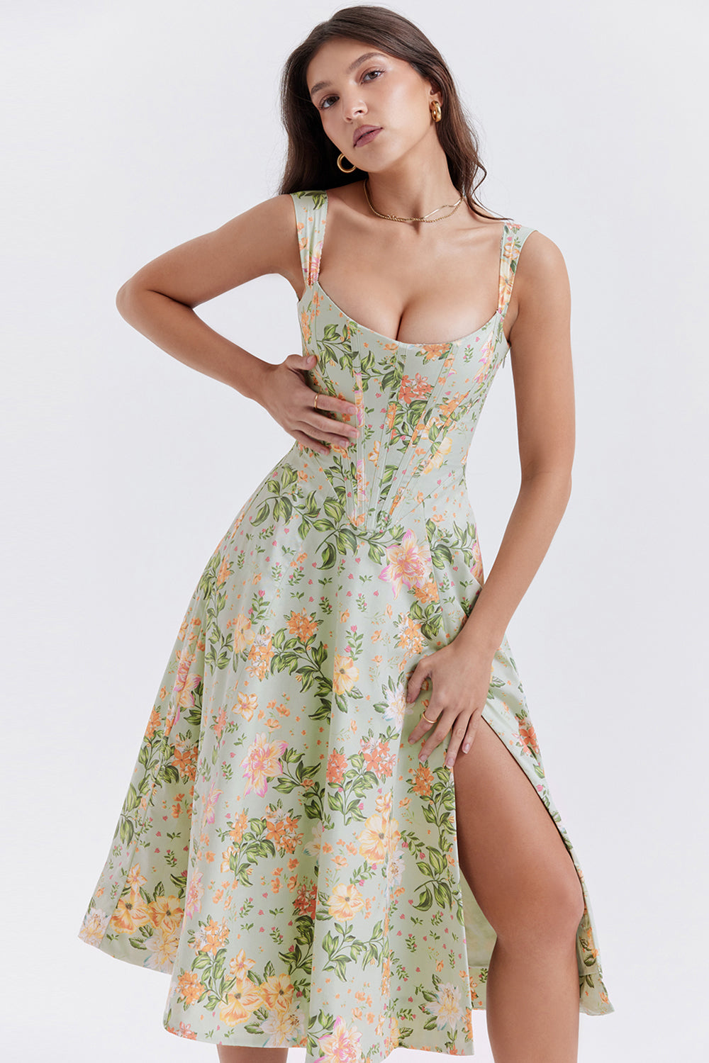 Nicole - Geblümter Schulterriemen Sweetheart Midikleid