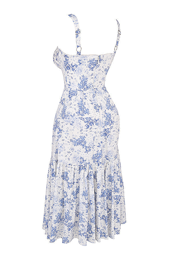 Nicole - Geblümter Schulterriemen Sweetheart Midikleid