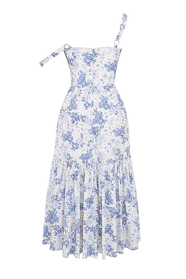 Nicole - Geblümter Schulterriemen Sweetheart Midikleid