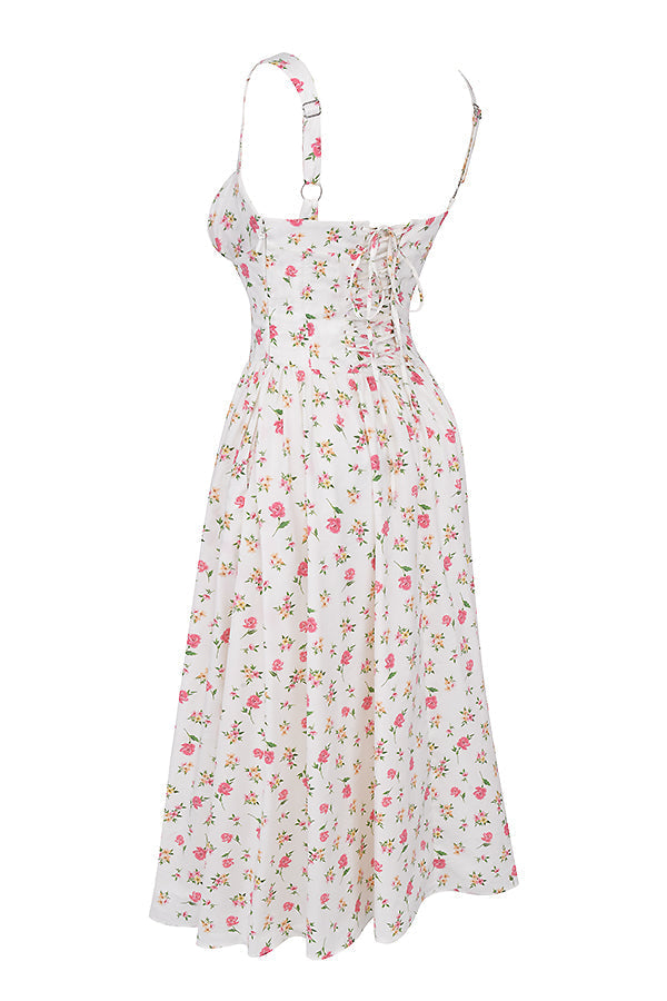 Nicole - Geblümter Schulterriemen Sweetheart Midikleid