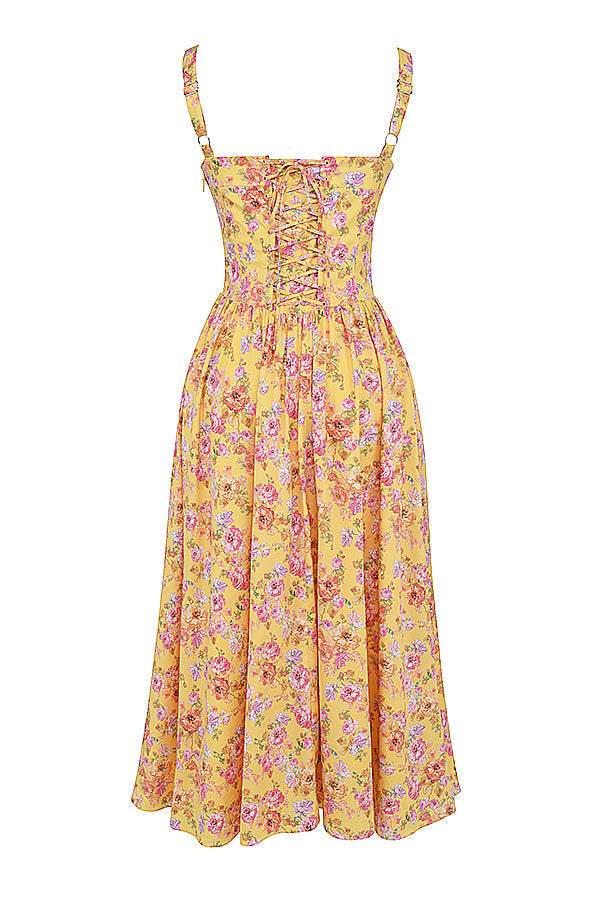 Nicole - Geblümter Schulterriemen Sweetheart Midikleid