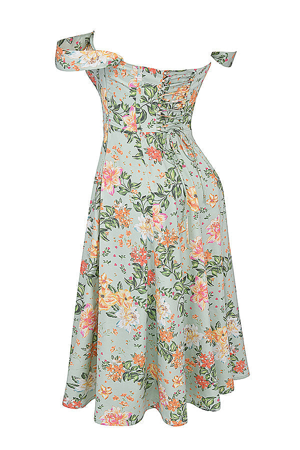Nicole - Geblümter Schulterriemen Sweetheart Midikleid
