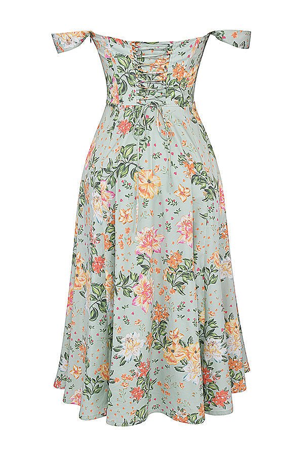 Nicole - Geblümter Schulterriemen Sweetheart Midikleid