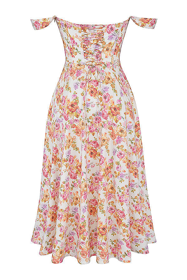 Nicole - Geblümter Schulterriemen Sweetheart Midikleid