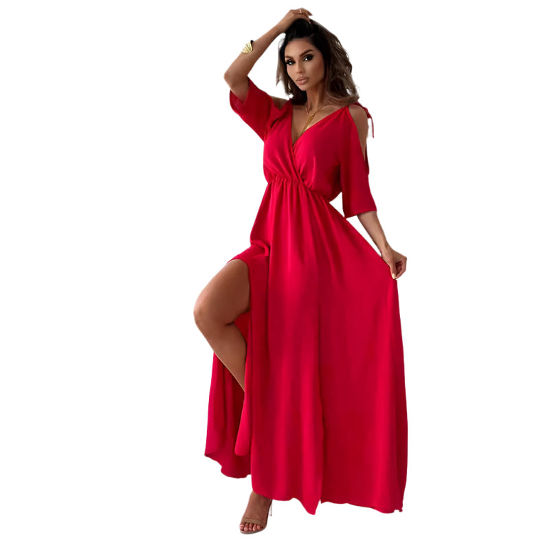 Elegantes Langkleid mit V-Ausschnitt und Dreiviertelärmeln