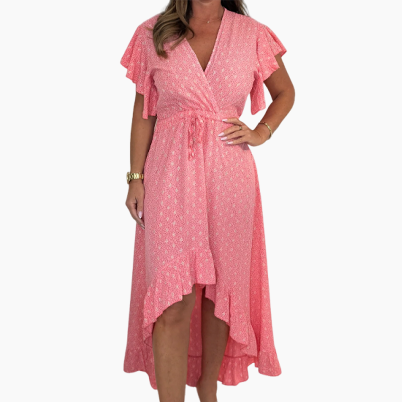 Amélie Lange Sommerkleid mit eleganten Muster V-Ausschnitt und kurze Schmetterlingsärmel