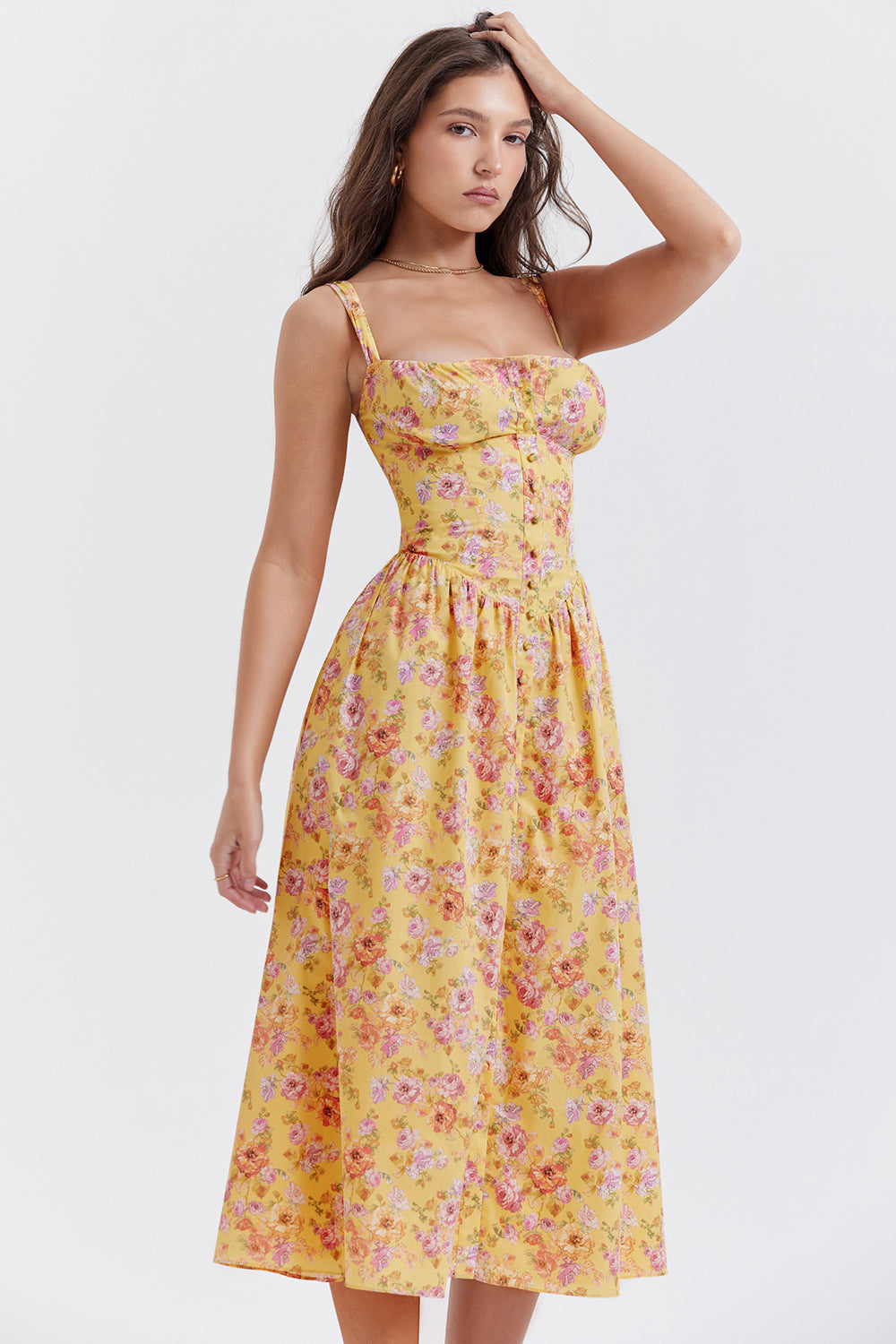 Nicole - Geblümter Schulterriemen Sweetheart Midikleid