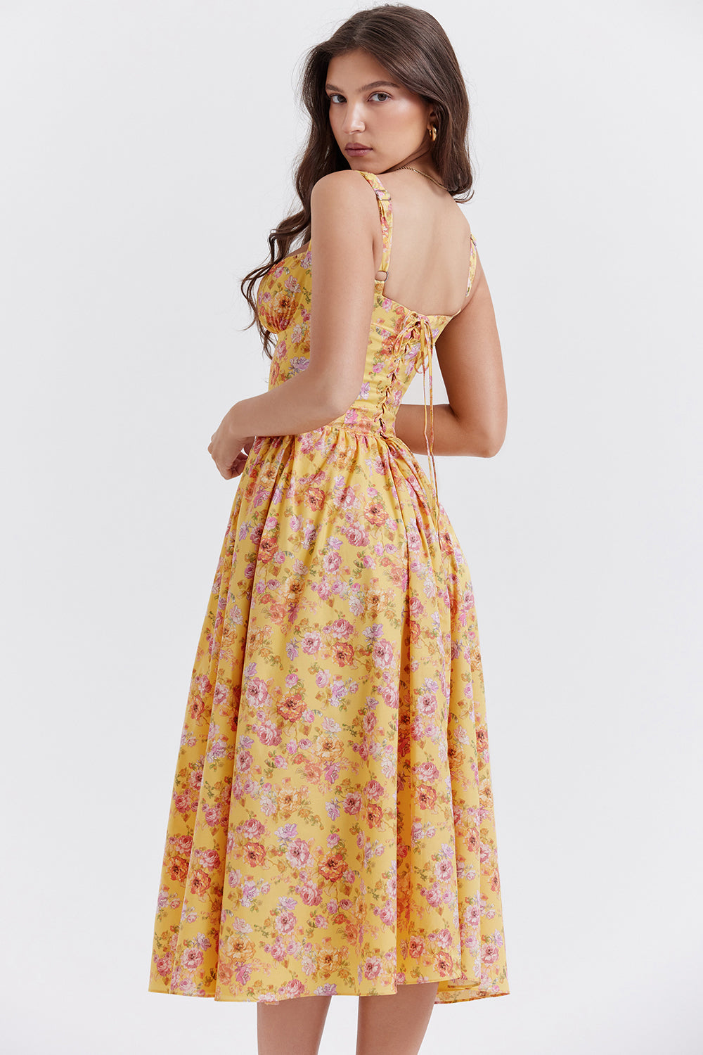 Nicole - Geblümter Schulterriemen Sweetheart Midikleid
