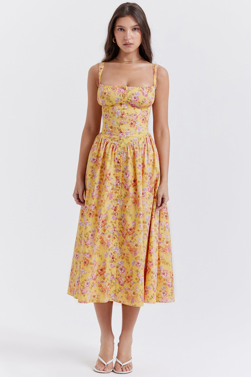 Nicole - Geblümter Schulterriemen Sweetheart Midikleid