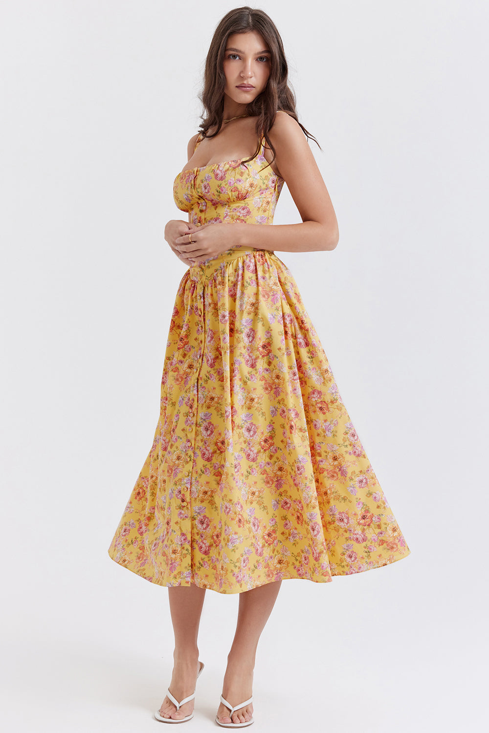 Nicole - Geblümter Schulterriemen Sweetheart Midikleid