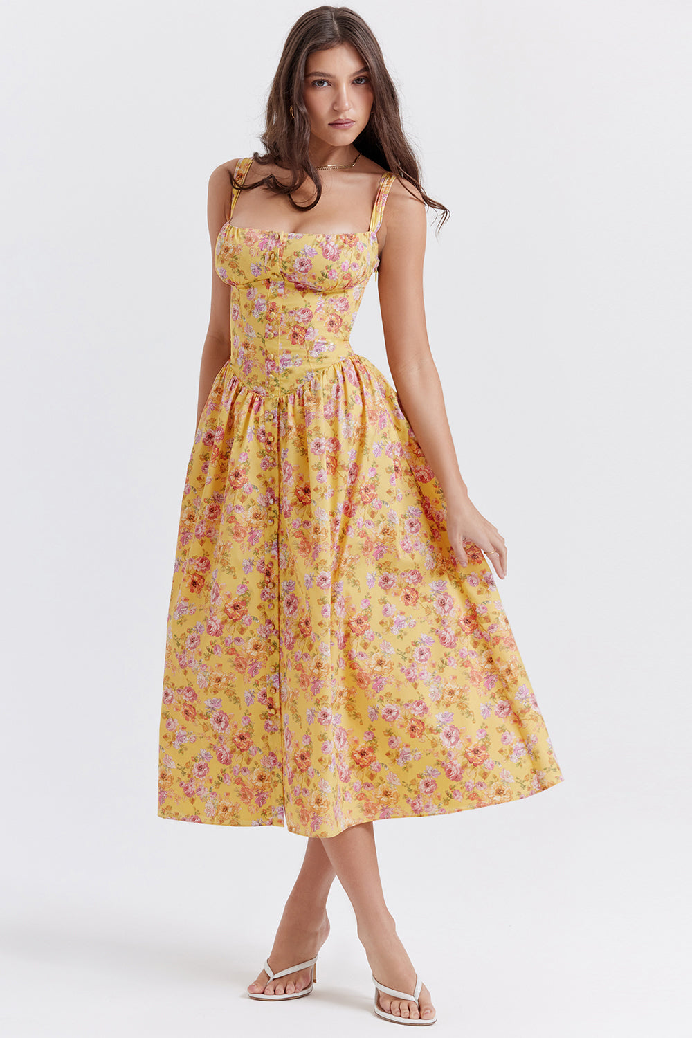 Nicole - Geblümter Schulterriemen Sweetheart Midikleid