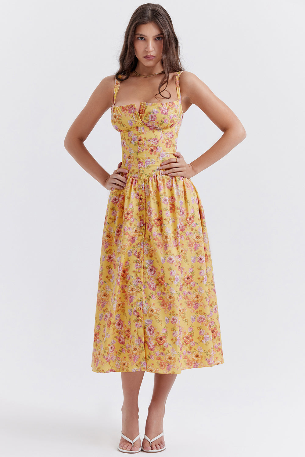 Nicole - Geblümter Schulterriemen Sweetheart Midikleid