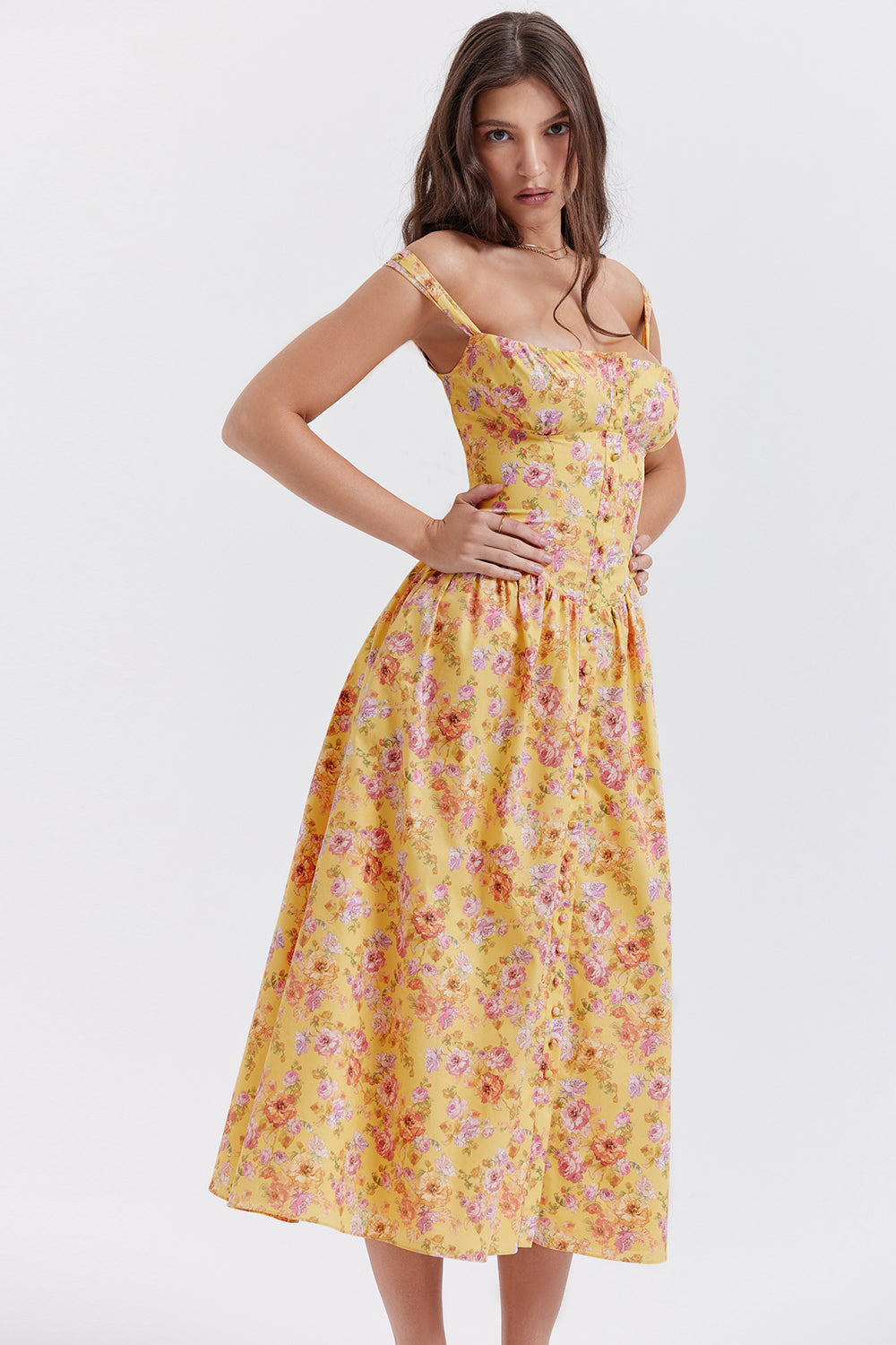 Nicole - Geblümter Schulterriemen Sweetheart Midikleid