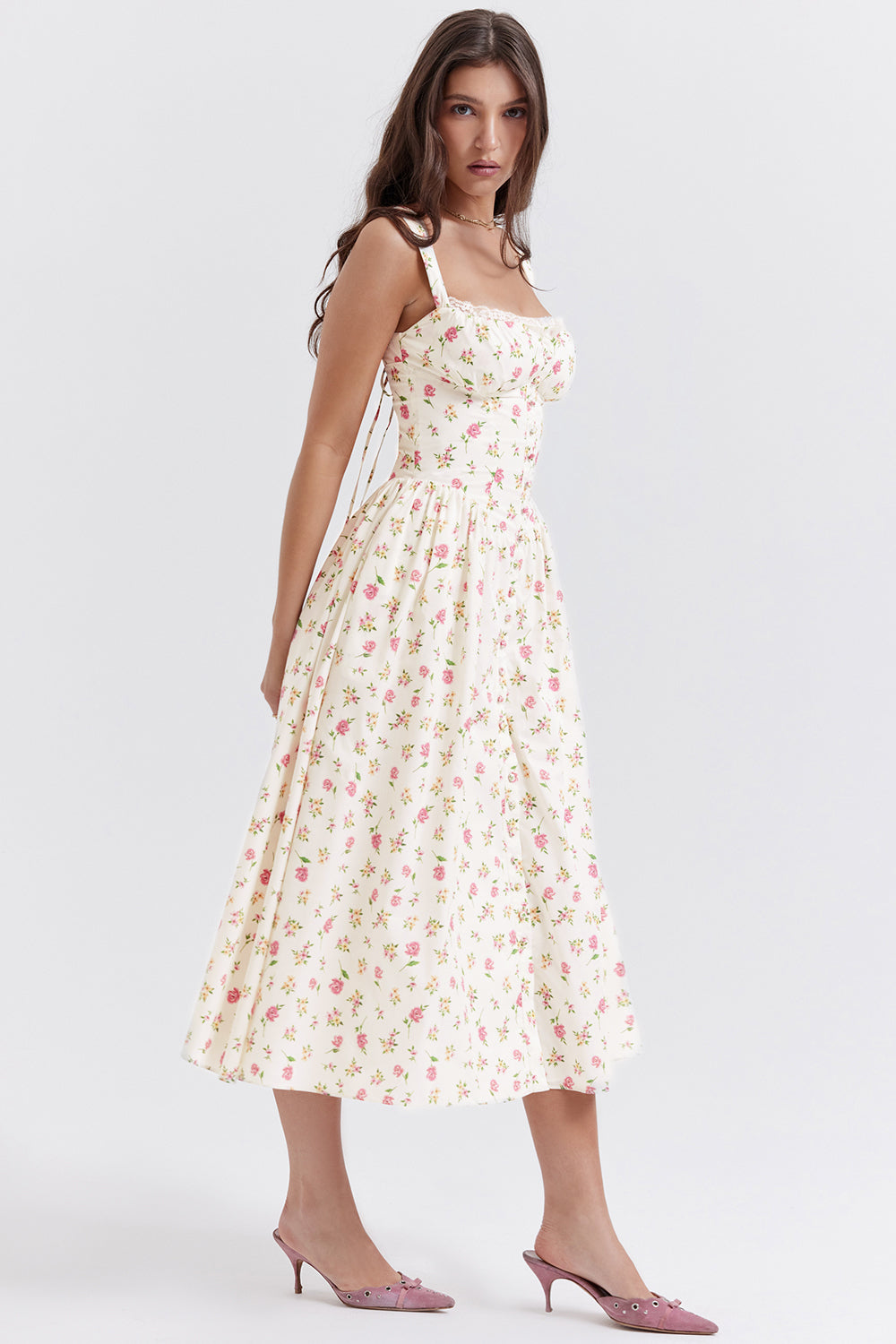 Nicole - Geblümter Schulterriemen Sweetheart Midikleid