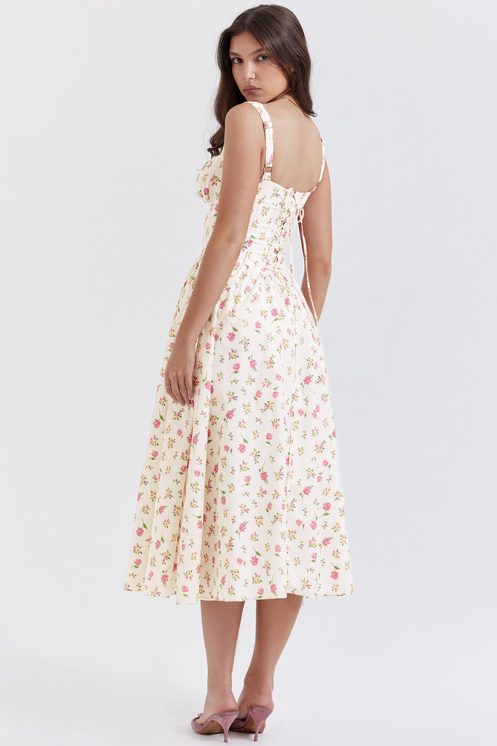 Nicole - Geblümter Schulterriemen Sweetheart Midikleid