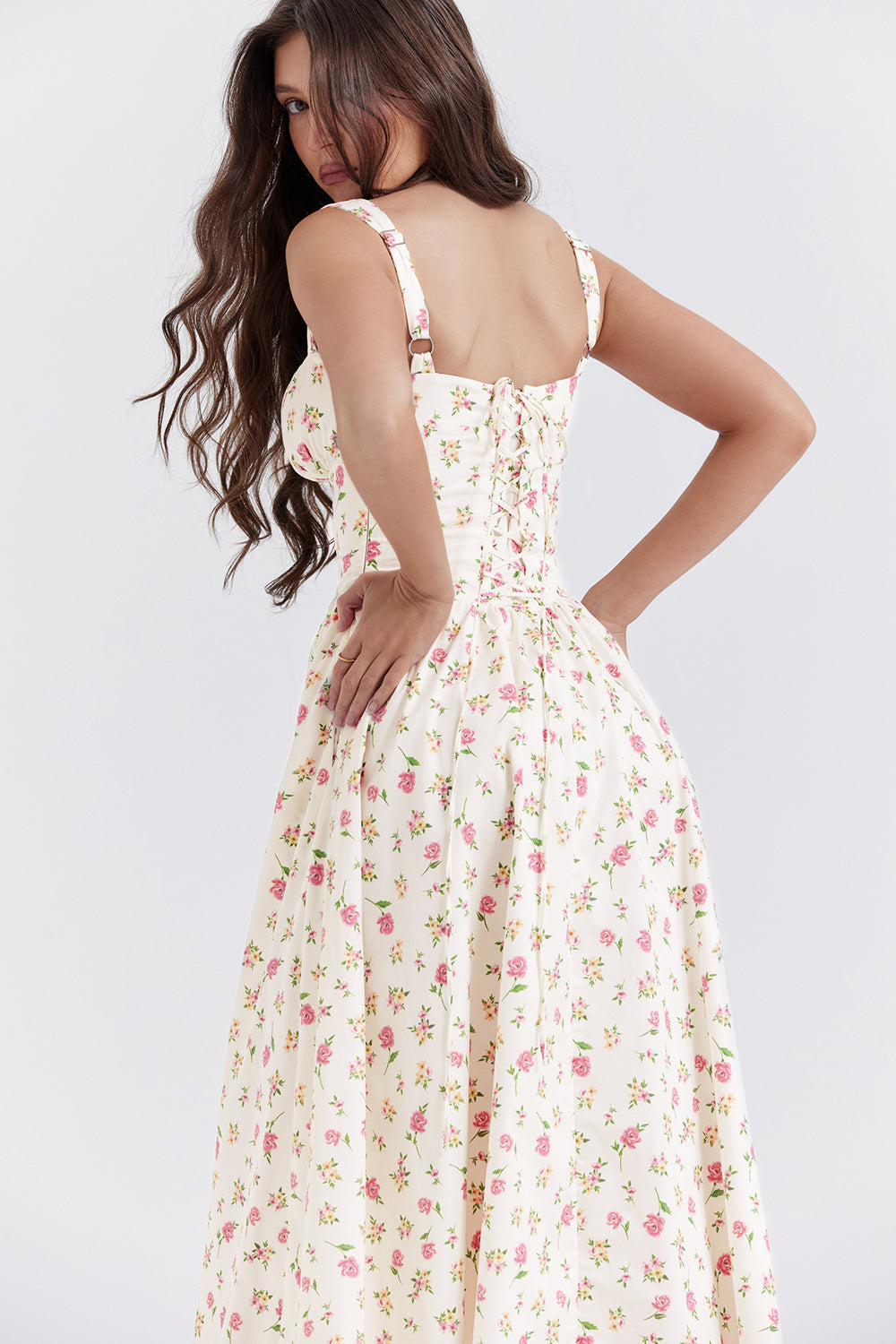 Nicole - Geblümter Schulterriemen Sweetheart Midikleid
