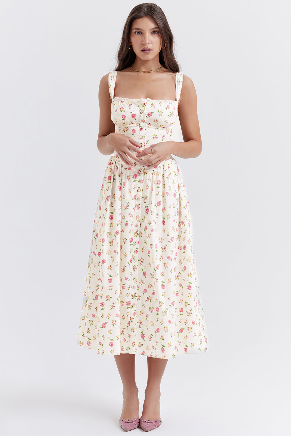 Nicole - Geblümter Schulterriemen Sweetheart Midikleid