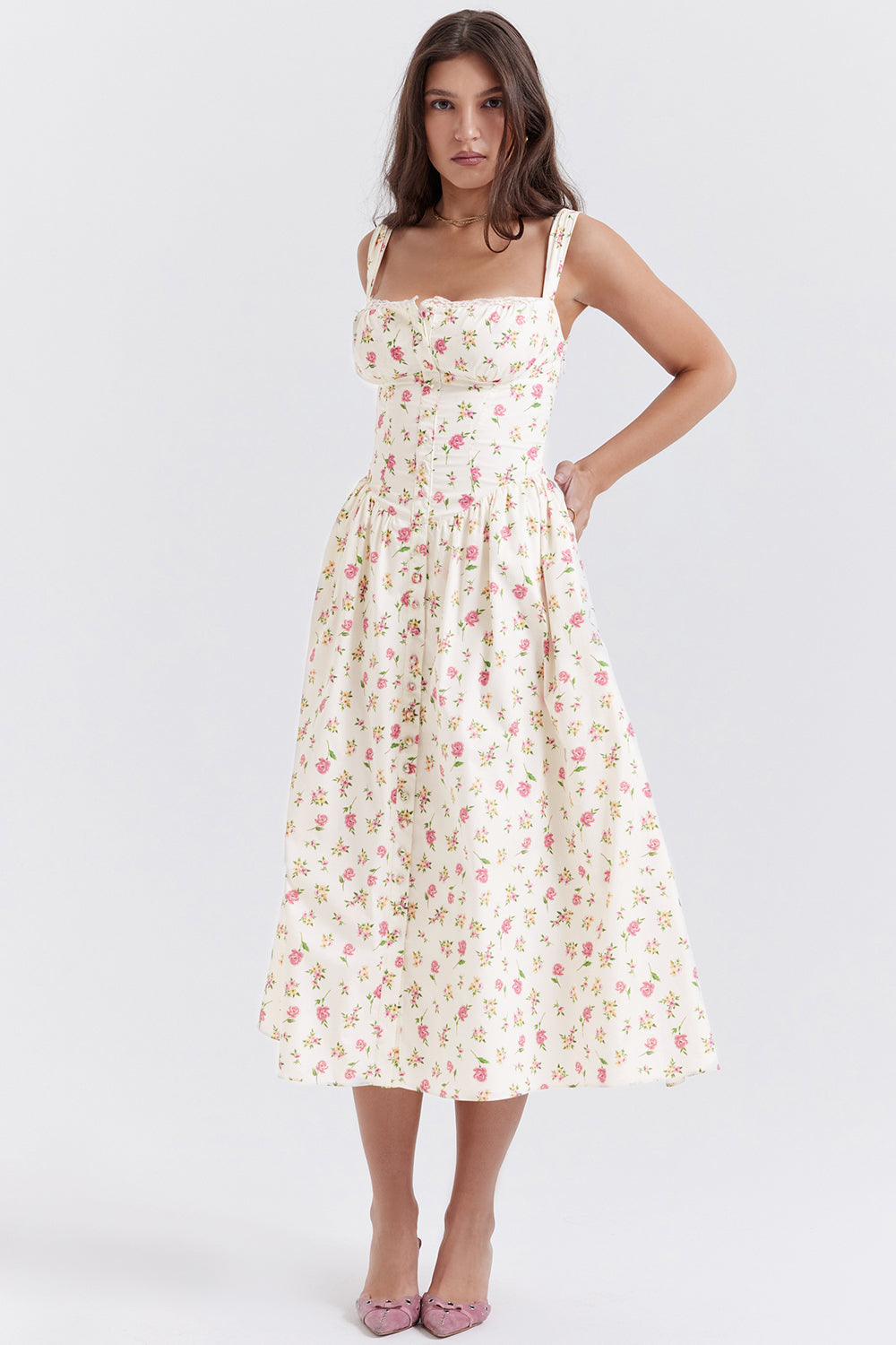 Nicole - Geblümter Schulterriemen Sweetheart Midikleid