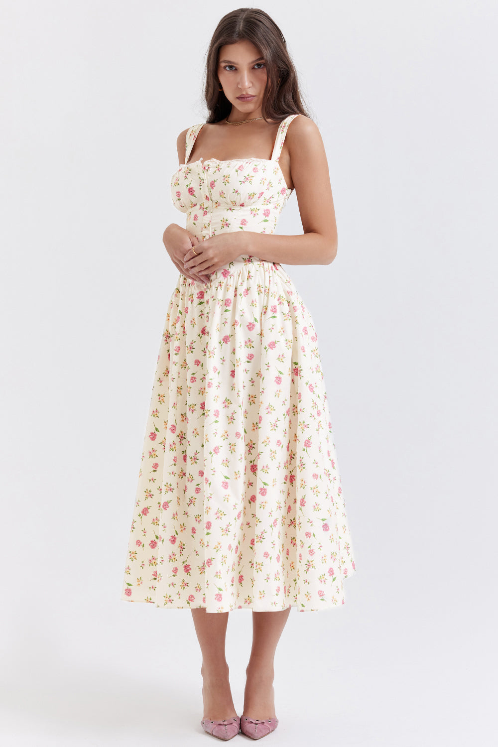 Nicole - Geblümter Schulterriemen Sweetheart Midikleid