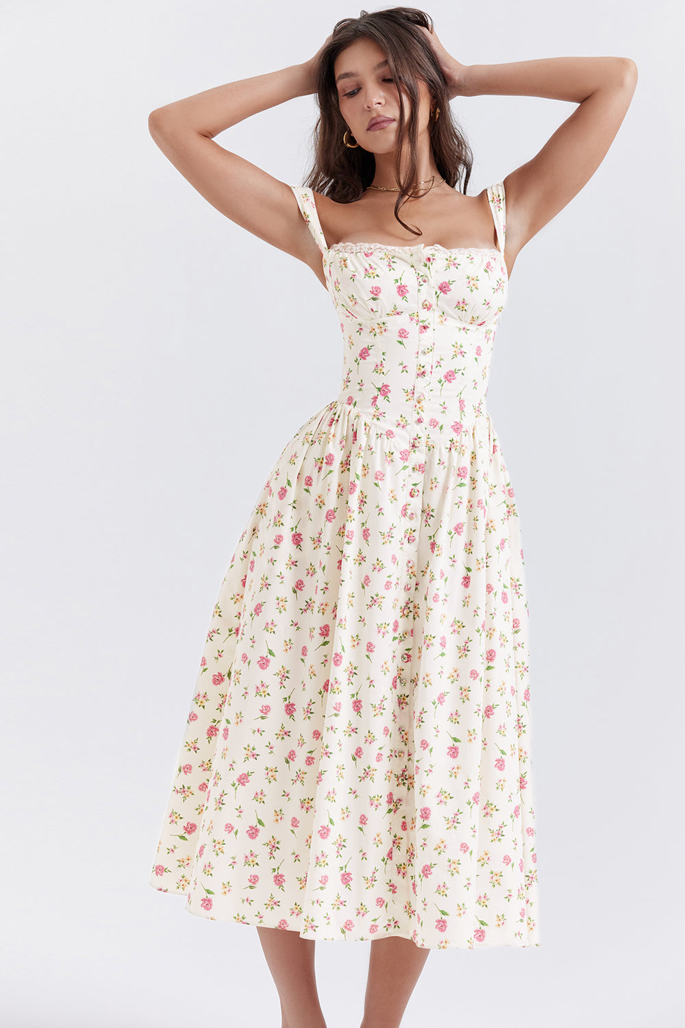 Nicole - Geblümter Schulterriemen Sweetheart Midikleid