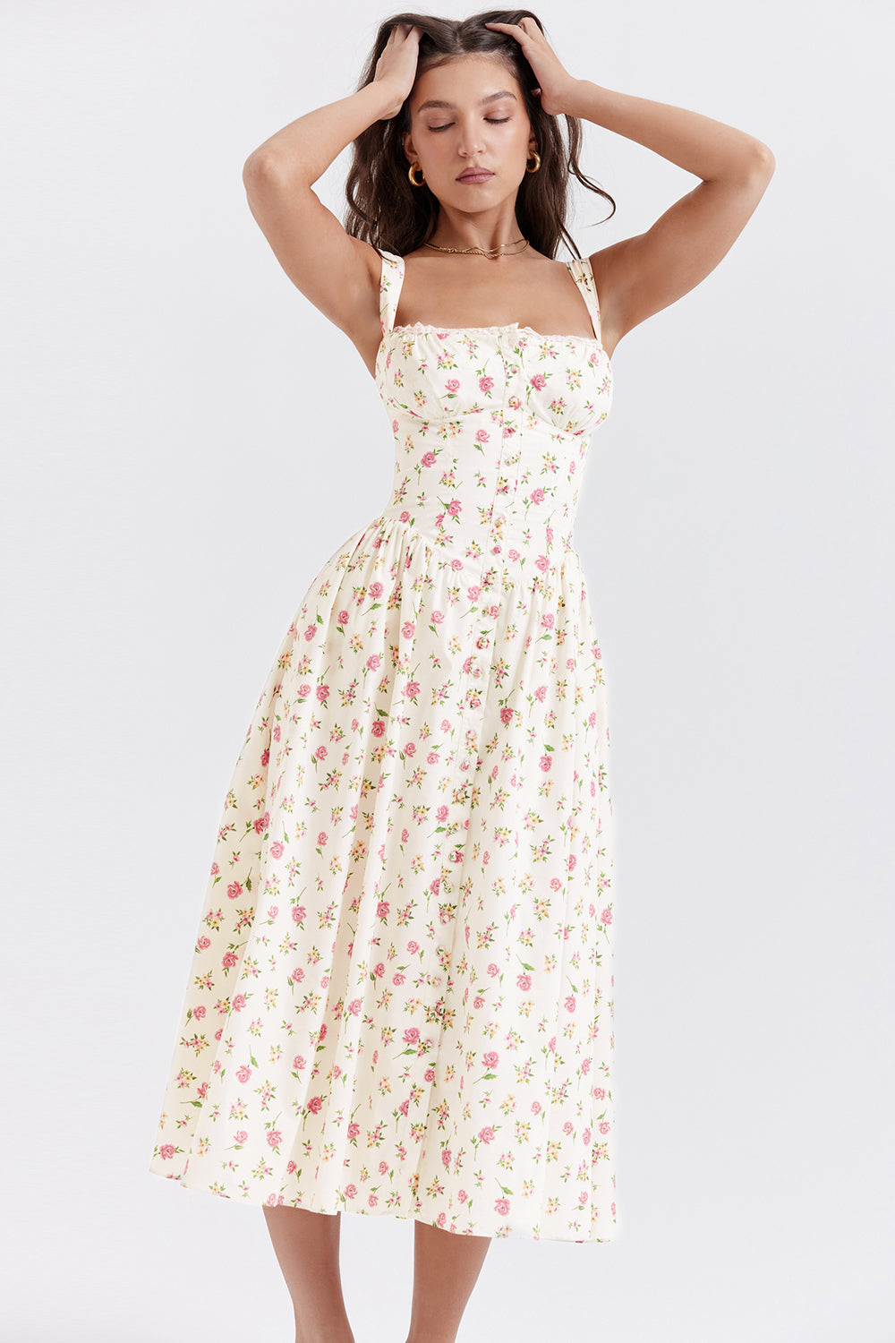 Nicole - Geblümter Schulterriemen Sweetheart Midikleid