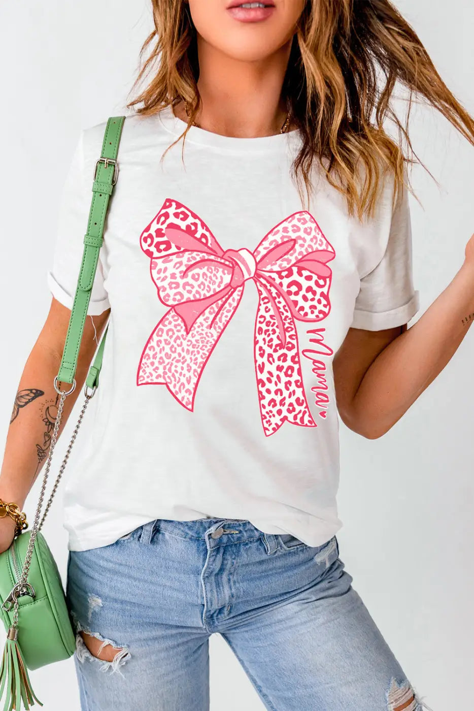 Miriam Weiß und Rosa Leopard Schleife Grafik Mothers Day Mode T Shirt