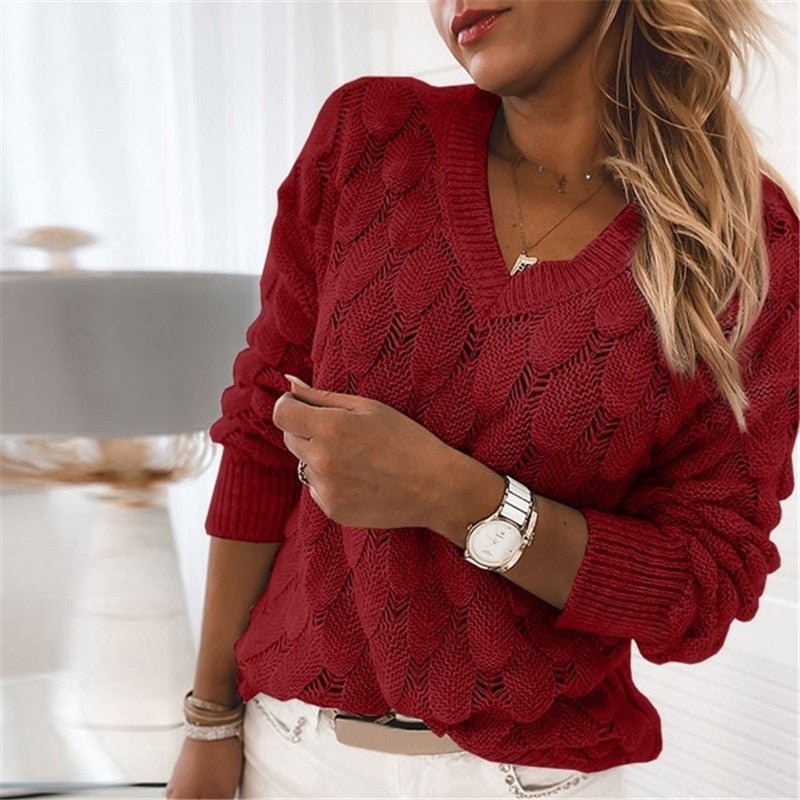 Ella Bequemer V-Ausschnitt Pullover mit Blattmuster